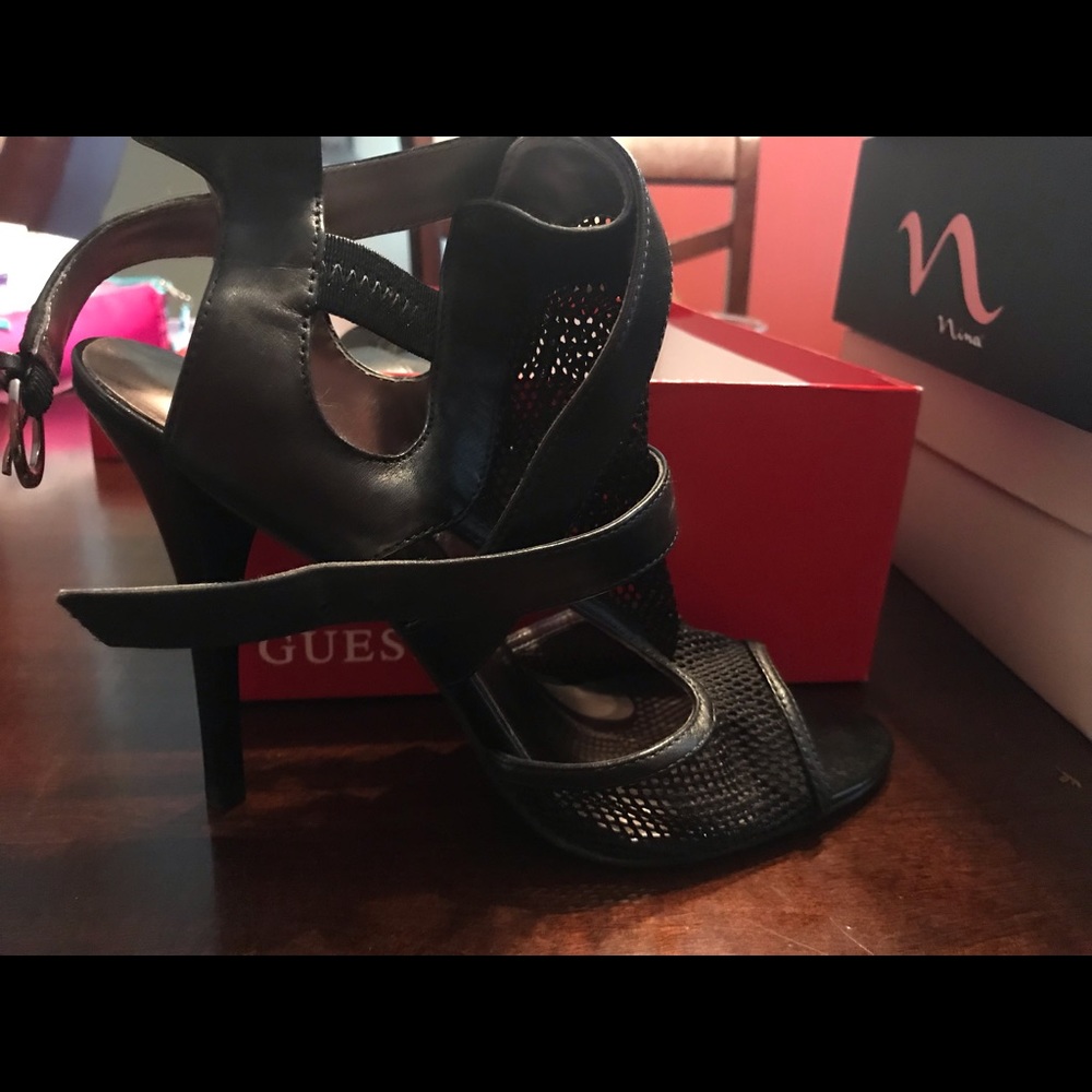 Opened toe, strapped mesh high heel shoe. - Picture 2 of 4